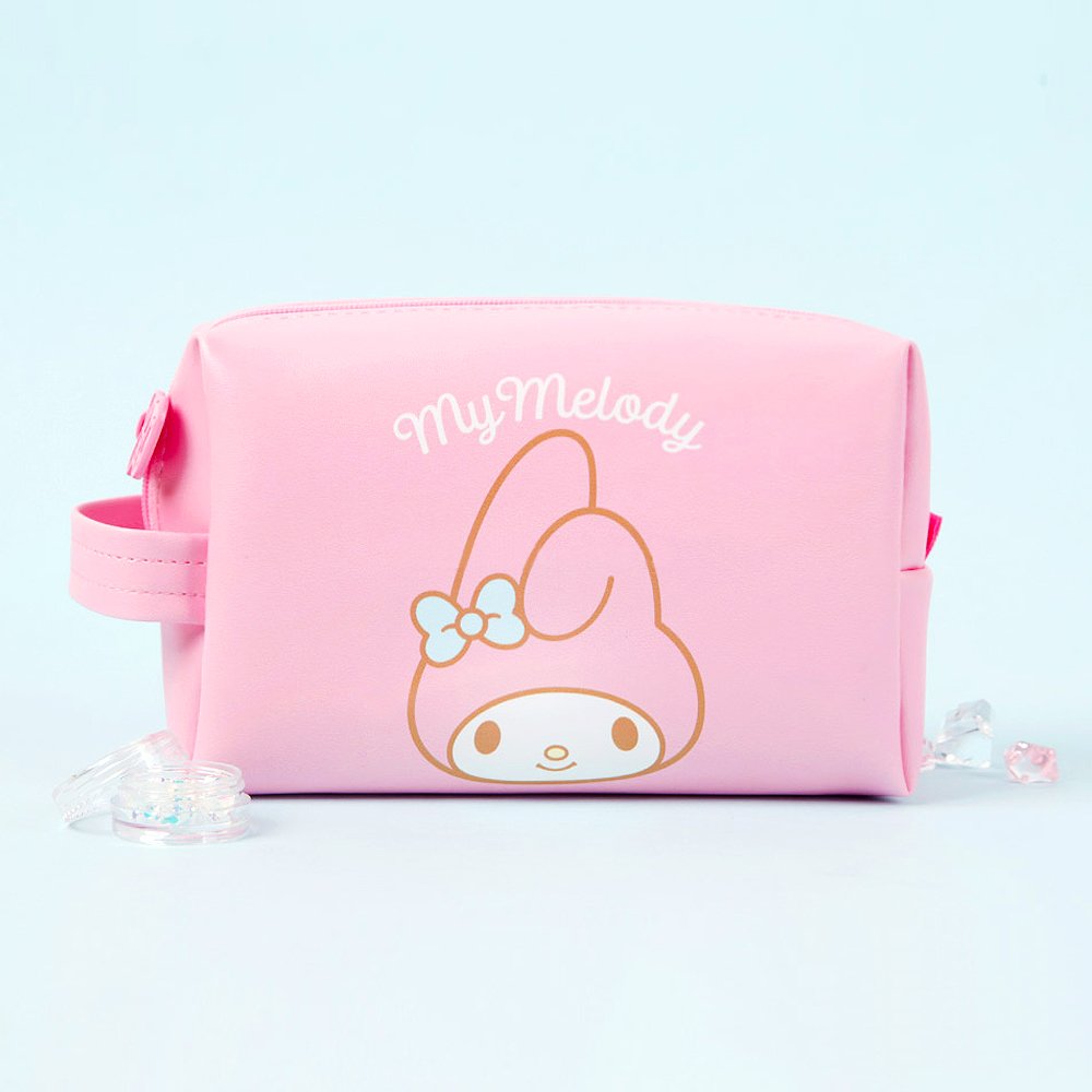 Sanrio Characters My Melody Faux Leather Character Face Printed Multi-Pouch with Handle and Zipper detail