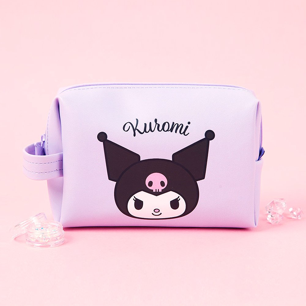 Sanrio Characters Kuromi Faux Leather Character Face Printed Multi-Pouch with Handle and Zipper detail